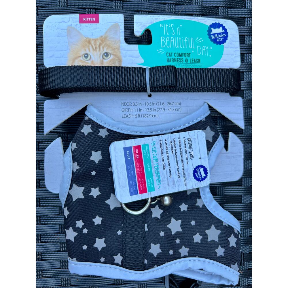 Whisker City Black and Silver Star Kitten Size Comfort Harness and Leash